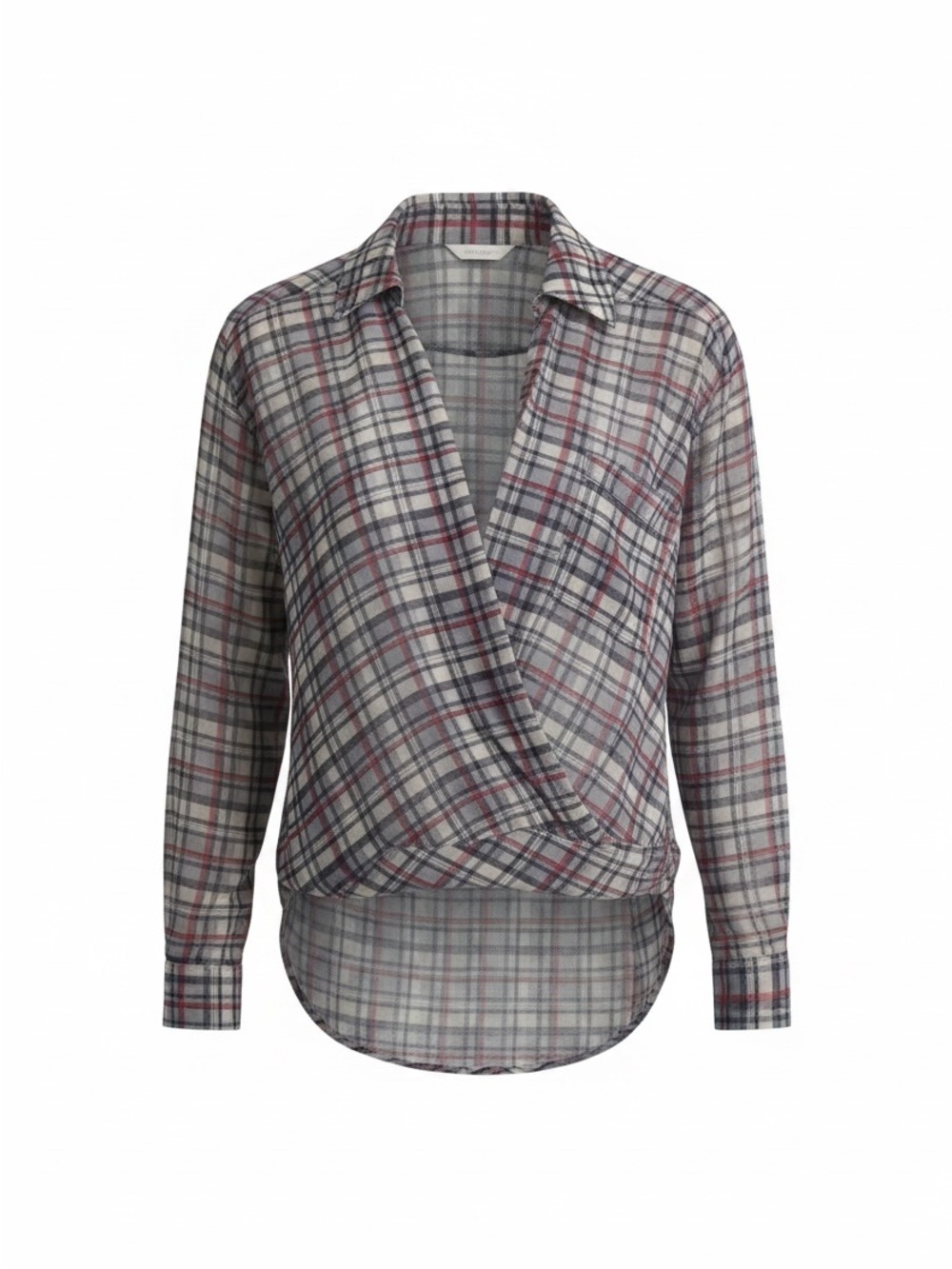 Nameless Plaid Wrap-Front Blouse in Gray, Red and Navy
